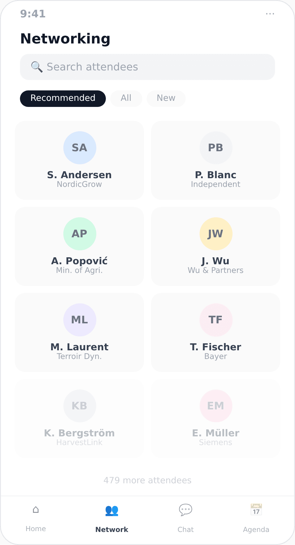 Generic event app networking screen showing alphabetical attendee list