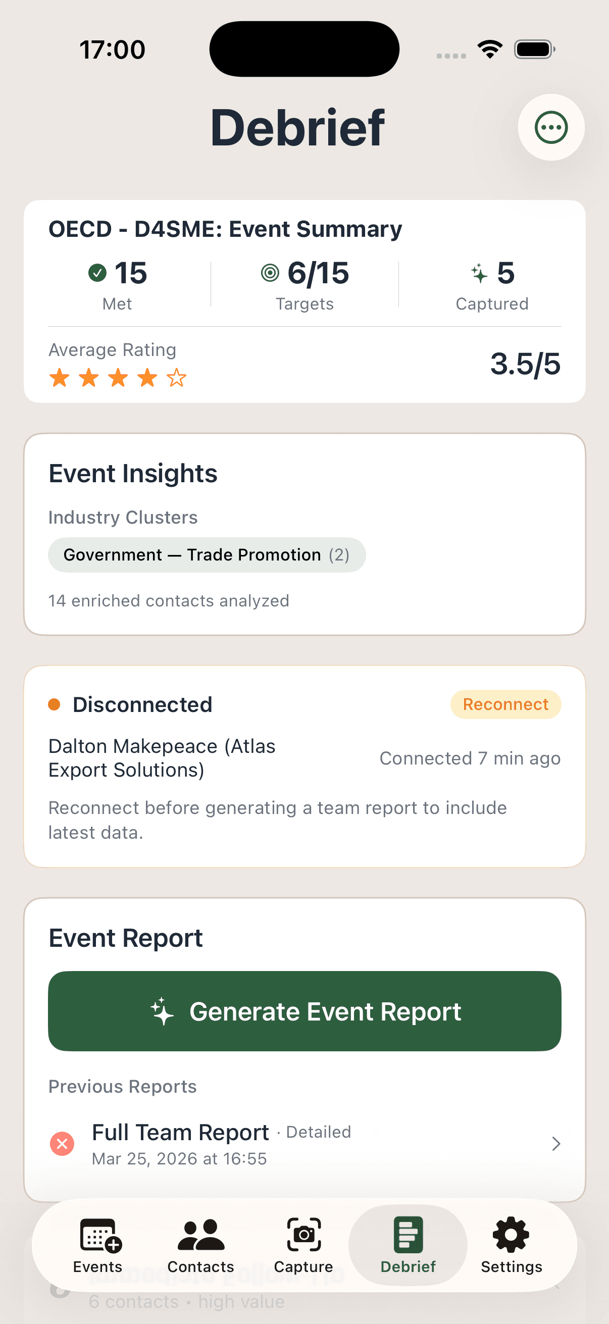 AttendeeX app Debrief screen with event summary, report generation, and follow-ups