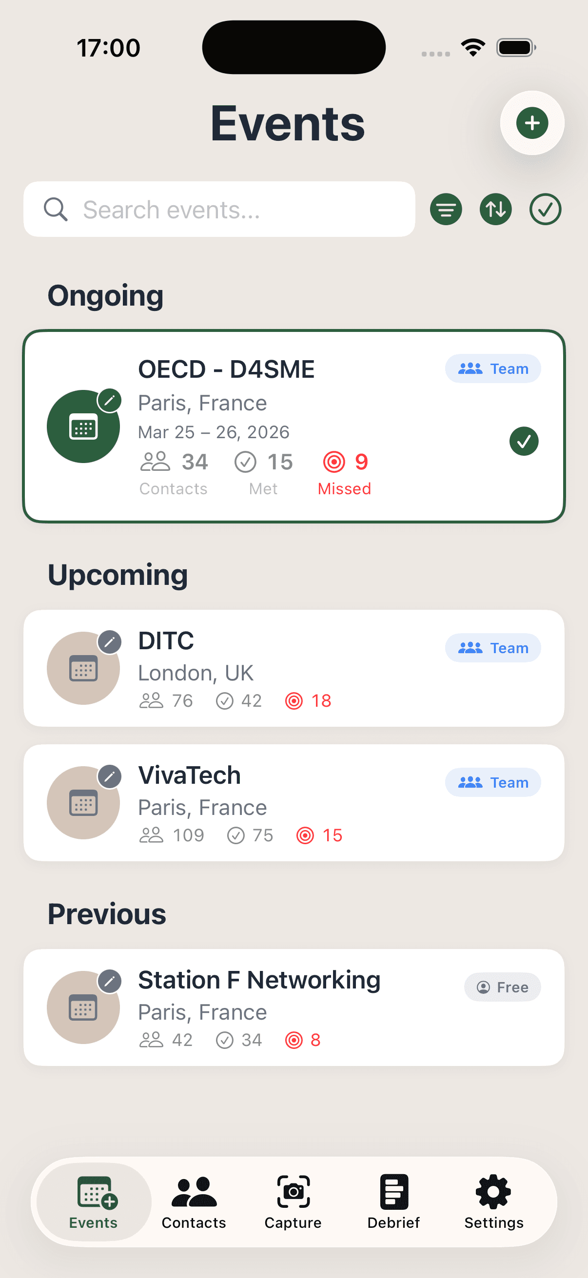 AttendeeX app Events screen showing ongoing, upcoming, and previous events