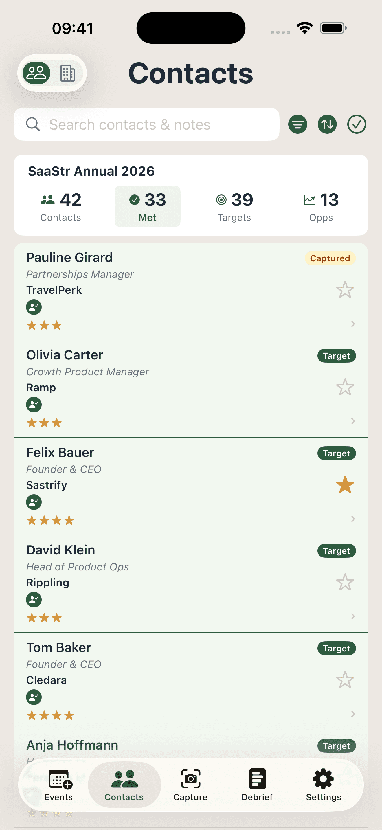 AttendeeX app Contacts screen with targets, star ratings, captured and met badges