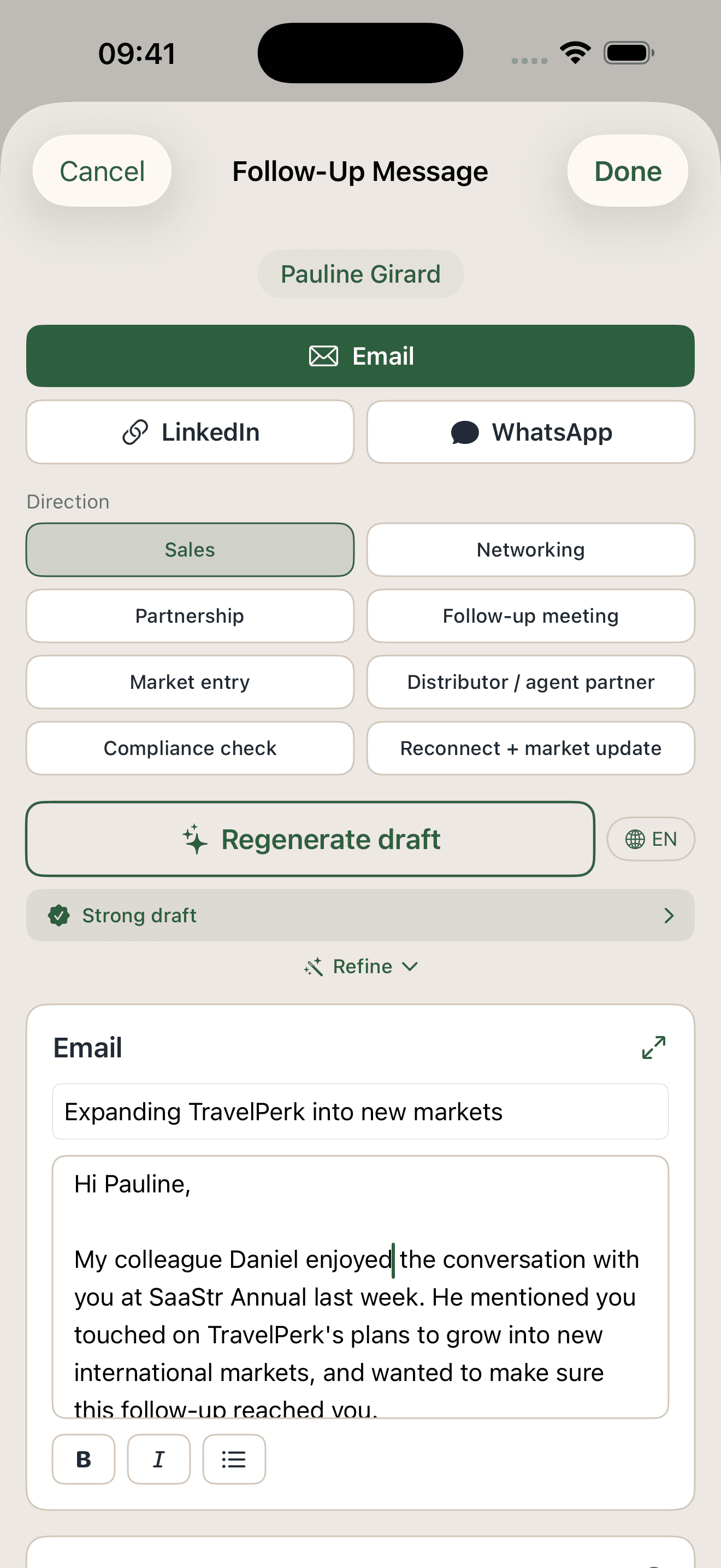 AttendeeX app Follow-Up Message composer with email, LinkedIn, and WhatsApp options and an AI-drafted email ready to send