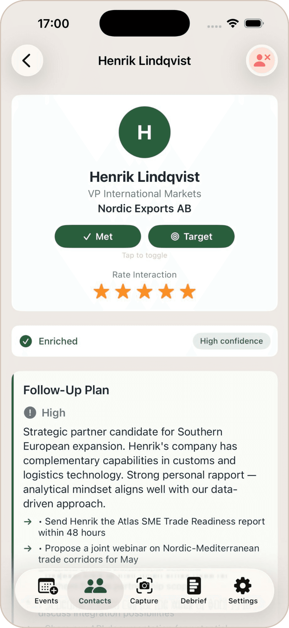 AttendeeX contact card with follow-up plan