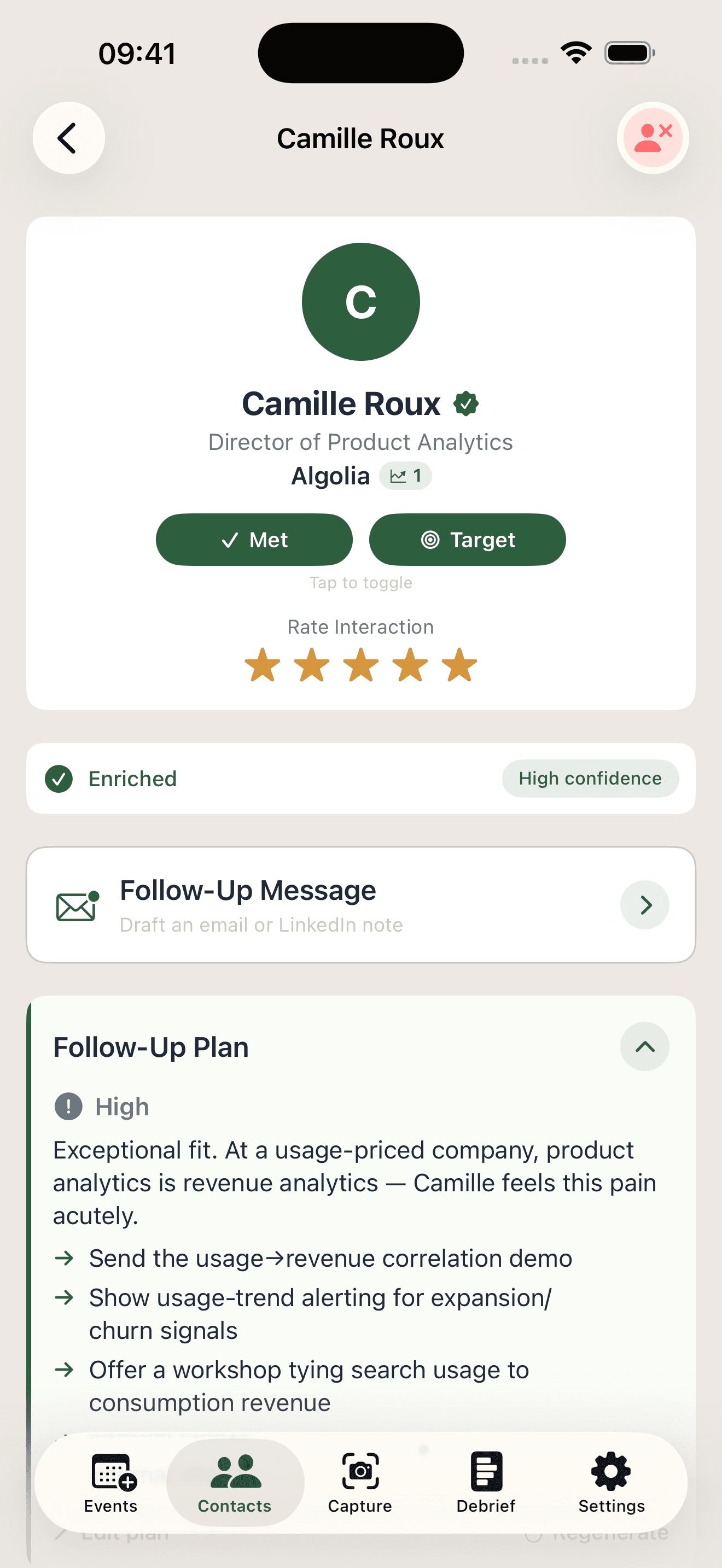 AttendeeX contact detail with met status, star rating, enrichment, and AI follow-up plan