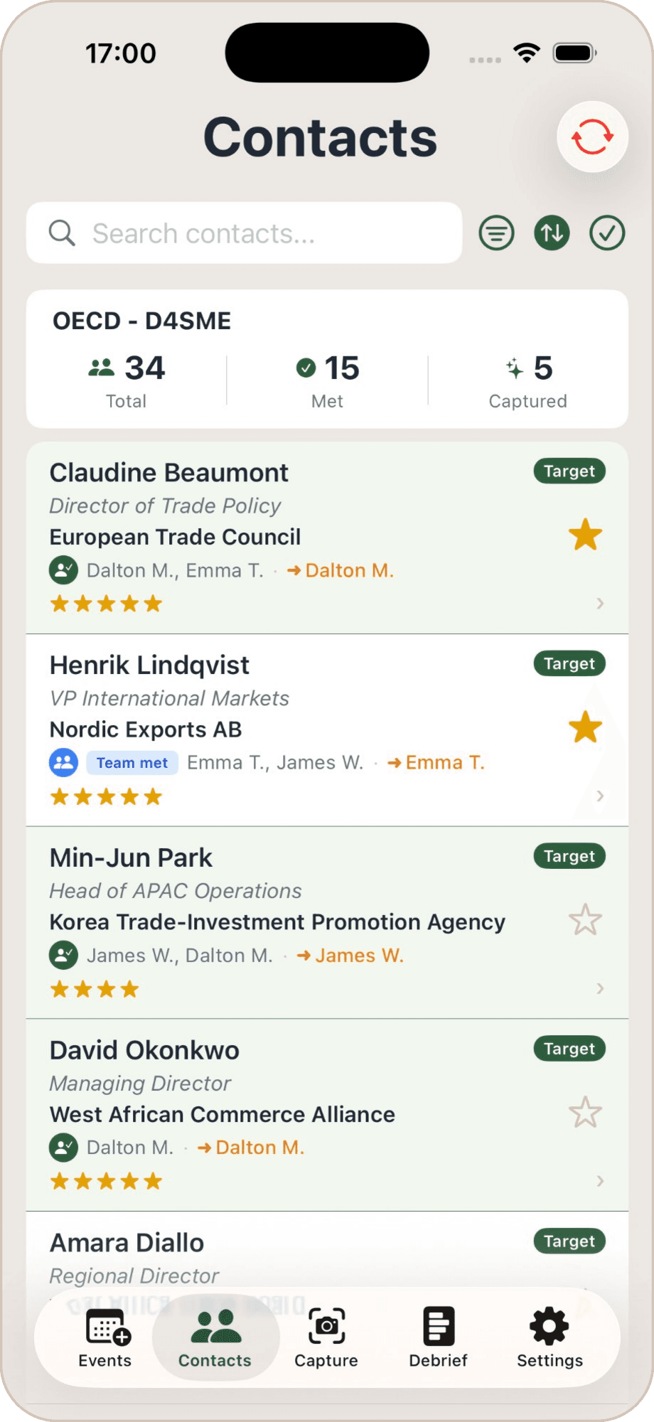 AttendeeX contacts list with enriched data and ratings