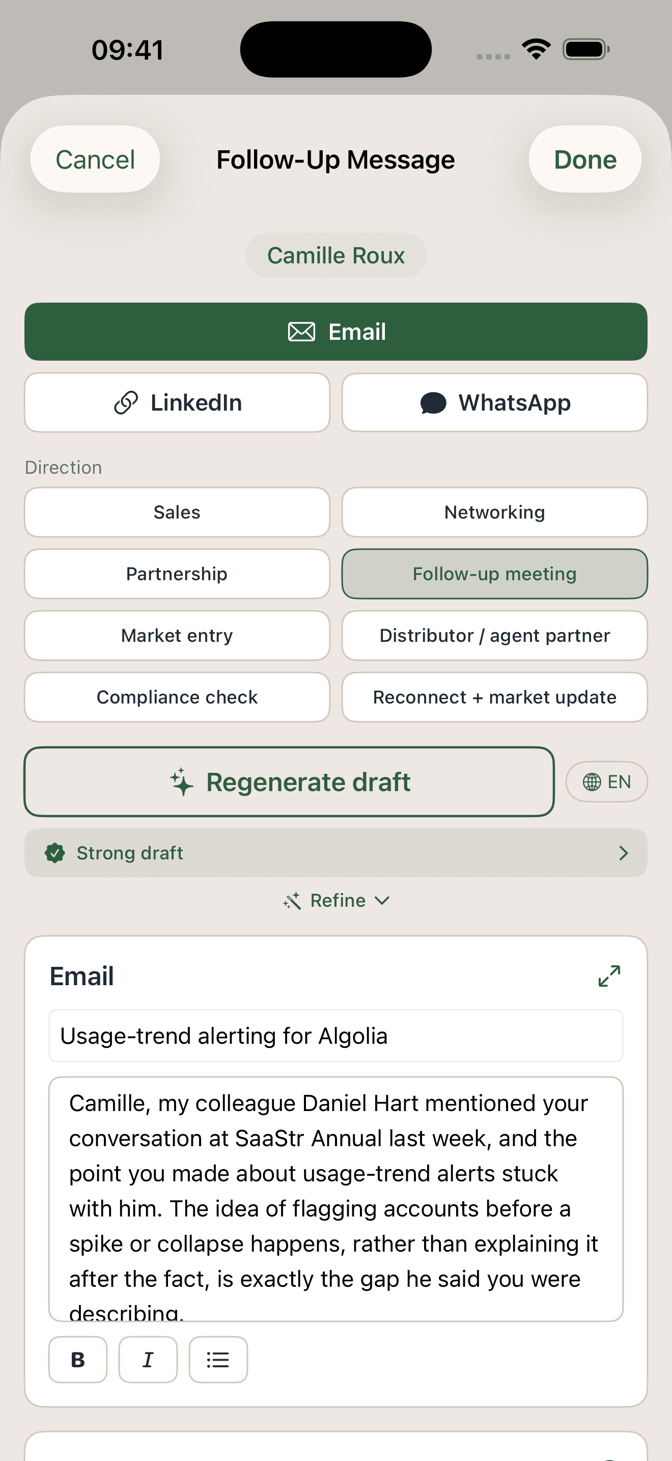AttendeeX follow-up message composer with email, LinkedIn, and WhatsApp options