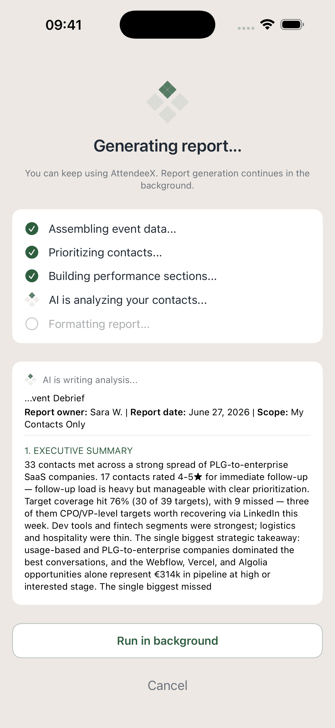 AttendeeX AI event report being generated