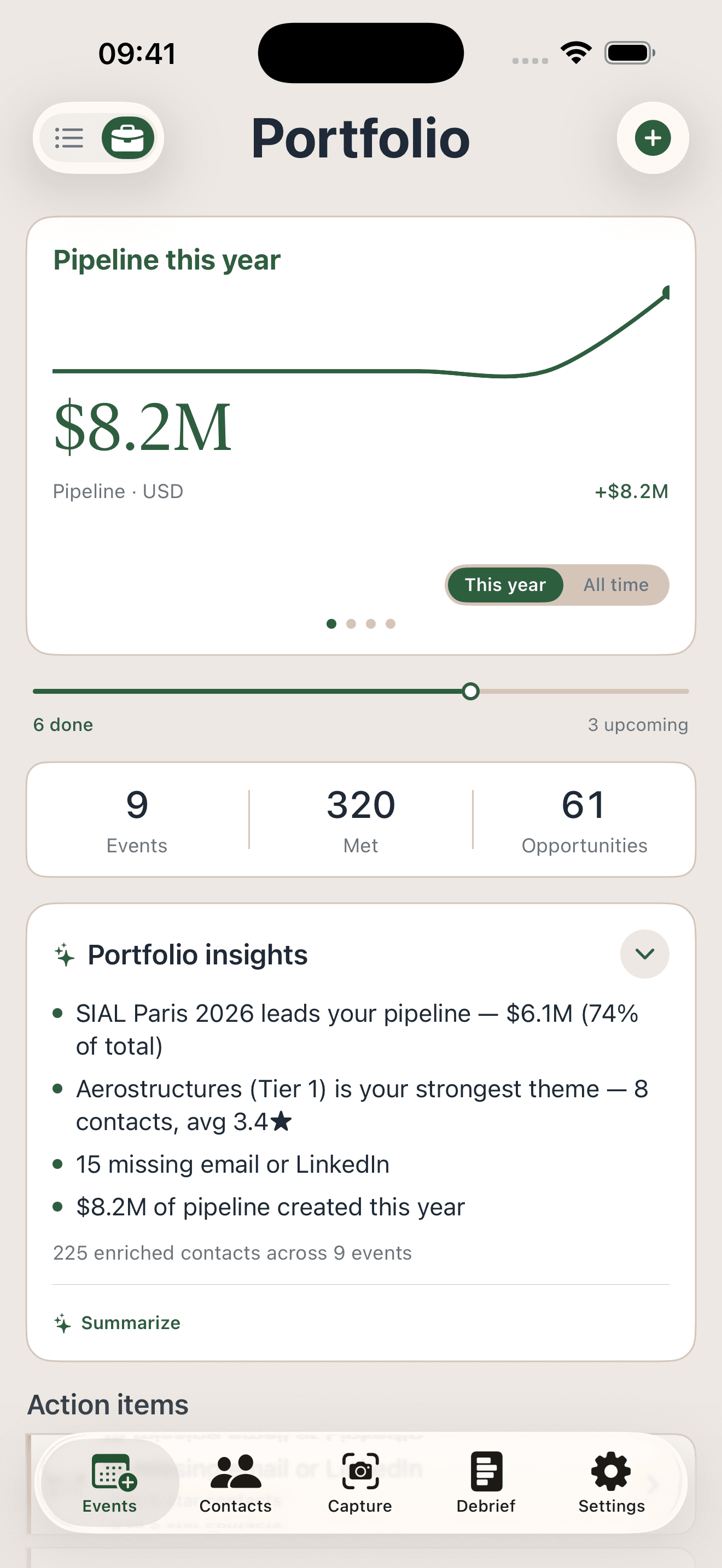AttendeeX app Portfolio screen showing pipeline value across events, met count, opportunities, and AI portfolio insights